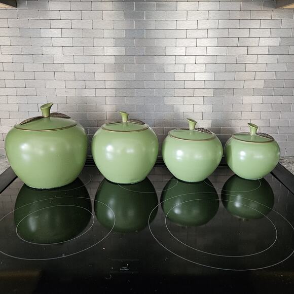 MCM Chrom-Ever Vintage Avocado Green Apple Enameled Aluminum Canister Set Of 4